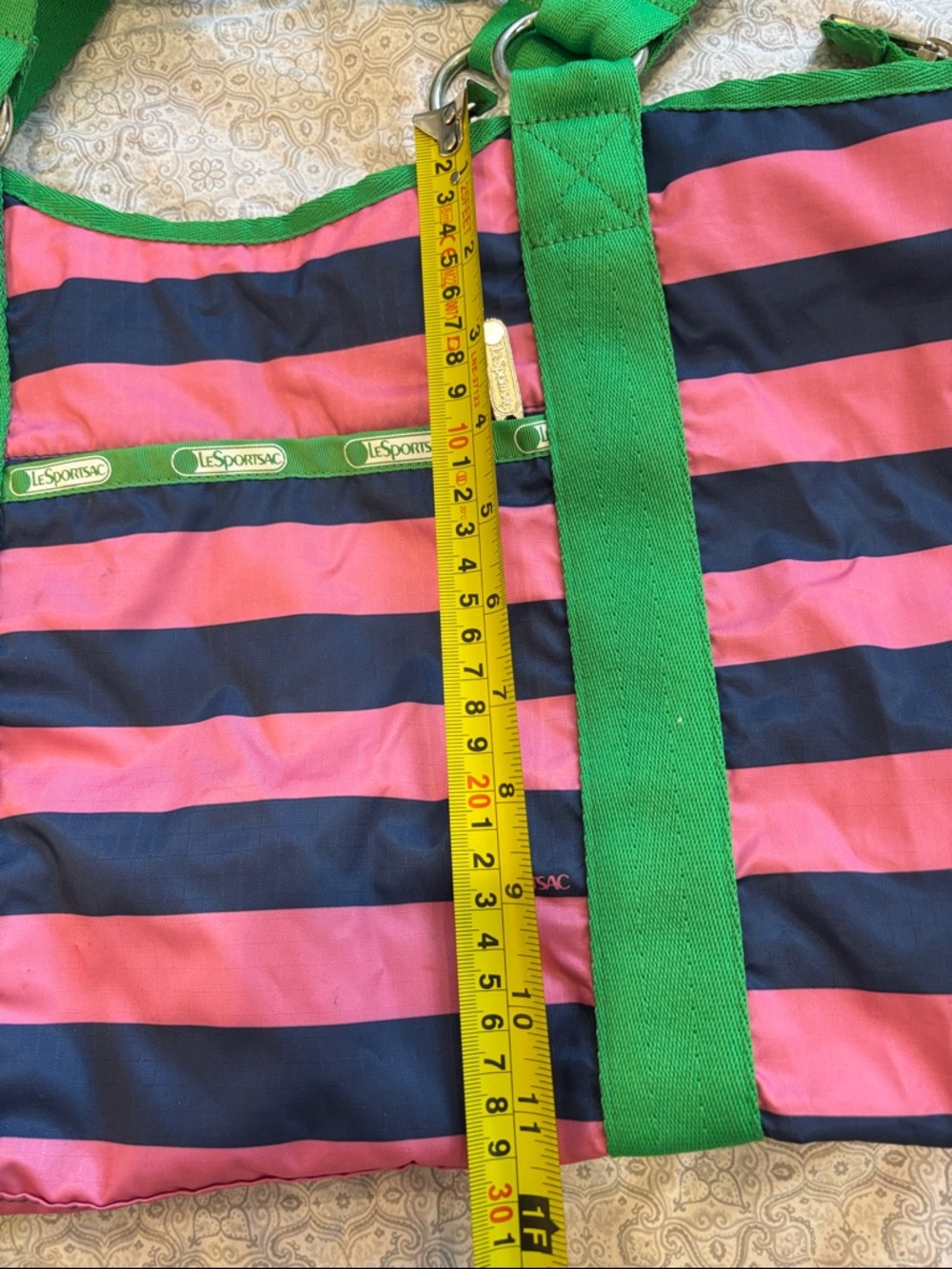 LeSportsac tote pink and blue stripes with green trim - Picture 7 of 11